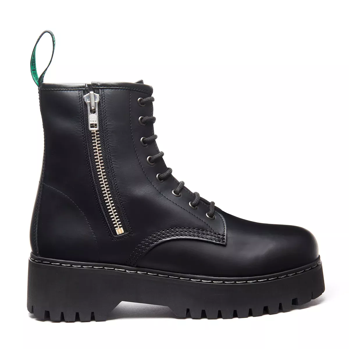 Black Greasy 8 Eye Zipped Platform Derby Boot